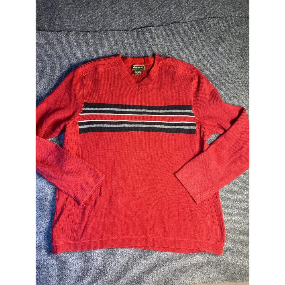 Eddie Bauer Sweater‎ Mens Large Red Soft Knit Detail Striped Rib V Neck Pullover